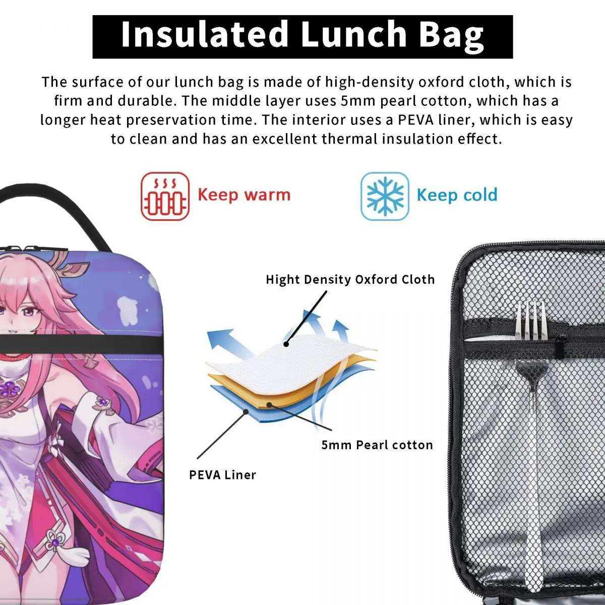 Yae Miko Genshin Impact Anime Insulated Lunch Bags, Lunch Container, Tote, Lunch Box, Escola, Viagem, Homens, Mulheres