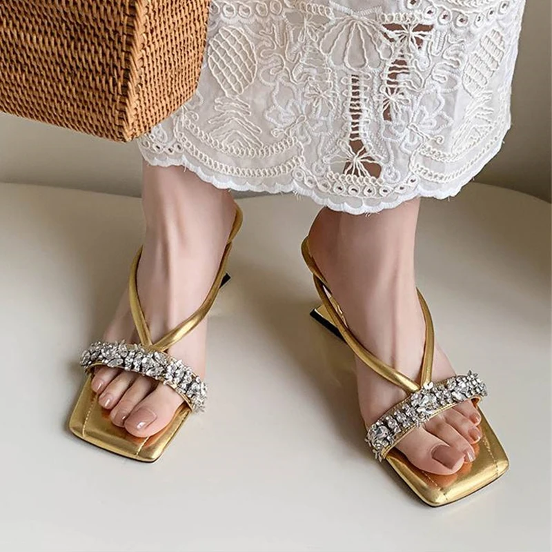 الفضة النساء الكعب البغال الصنادل الجلود الناعمة عالية الكعب أحذية الصيف النساء النعال خمر المفتوحة تو الشرائح حجر الراين FE21 #4