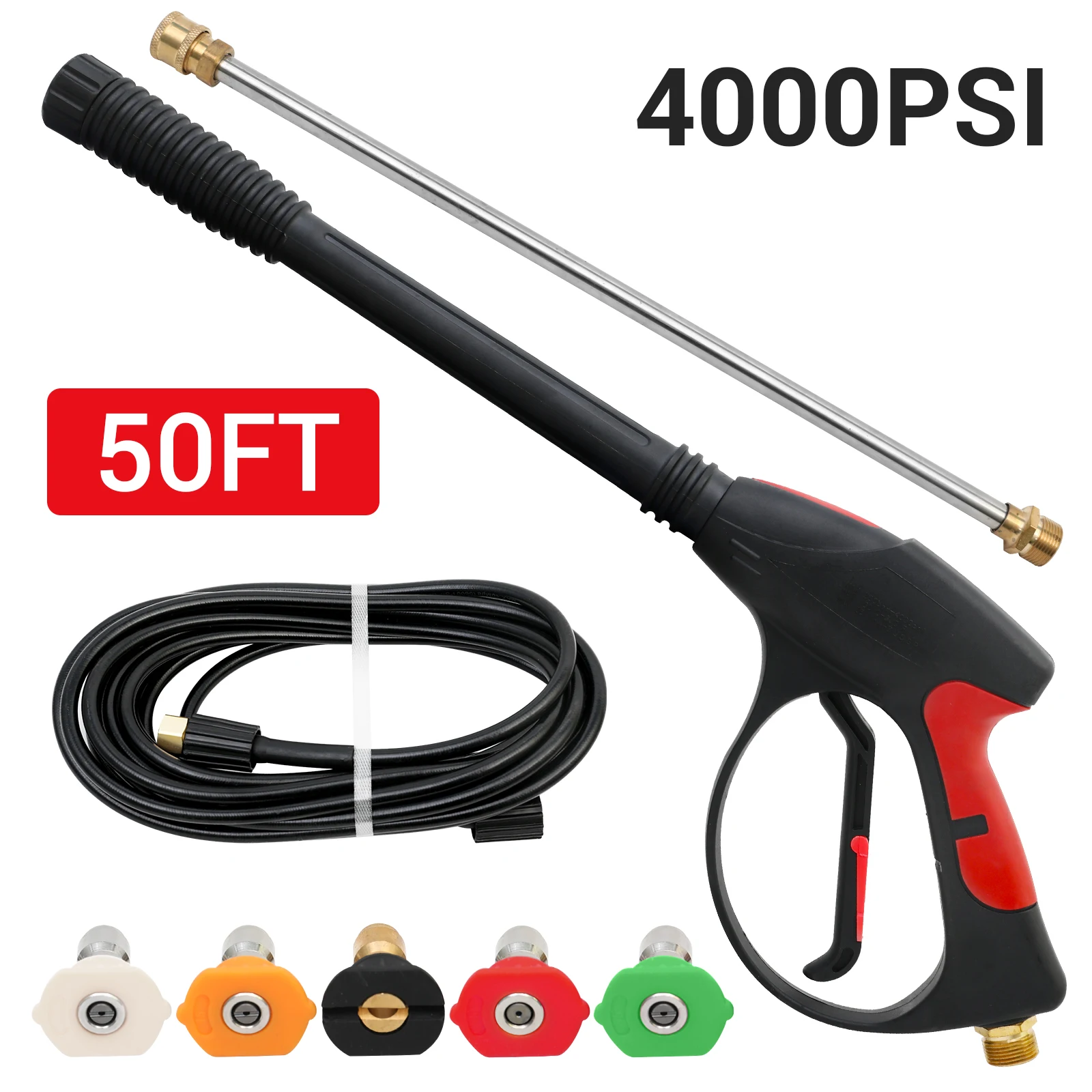 4000PSI High Pressure Car Washer Gun Portable 5xSpray Nozzles Tips 50FT 30FT Hose Kit Lightweight Quick-Connect for Car Home