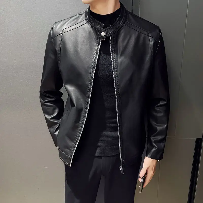 Men's Motorcycle Leather Jacket Thickened Winter Outerwear with Standing Collar Fashionable Lightweight Design for Spring