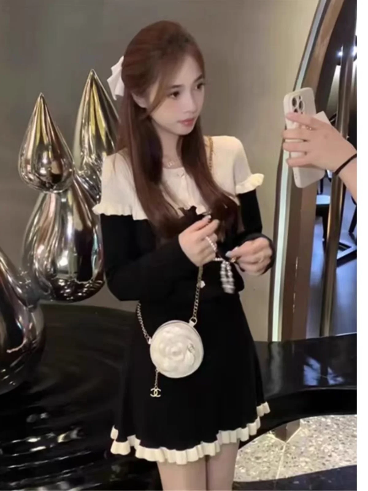 

Elegant Wooden Ruffle Dress Set Women's Fashion Spring Autumn Petite Size Two Piece Suit High End Sensation Missy Outfit