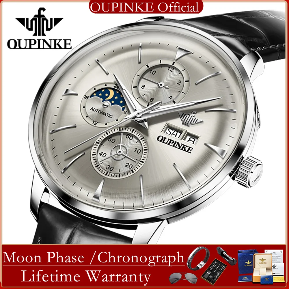 

OUPINKE 3309 Automatic Mechanical Watch for Men Moon Phase Chronograph Waterproof Watch Dual Calendar High-end Luxury Man Watch