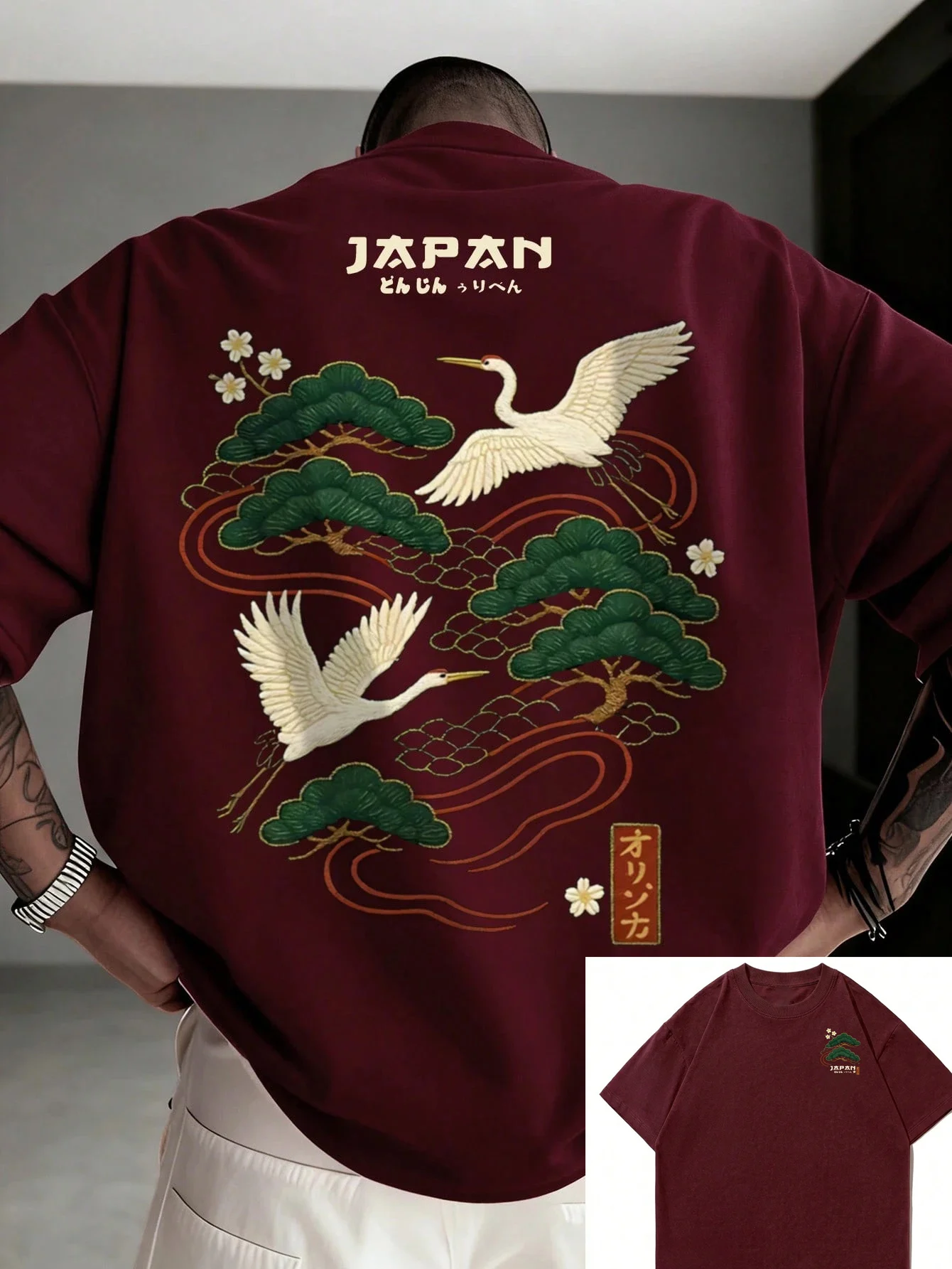 Summer 100% Pure Cotton Men's Casual Loose Minimalist Japanese Crane Print Round Neck Short Sleeved T-shirt Versatile Top