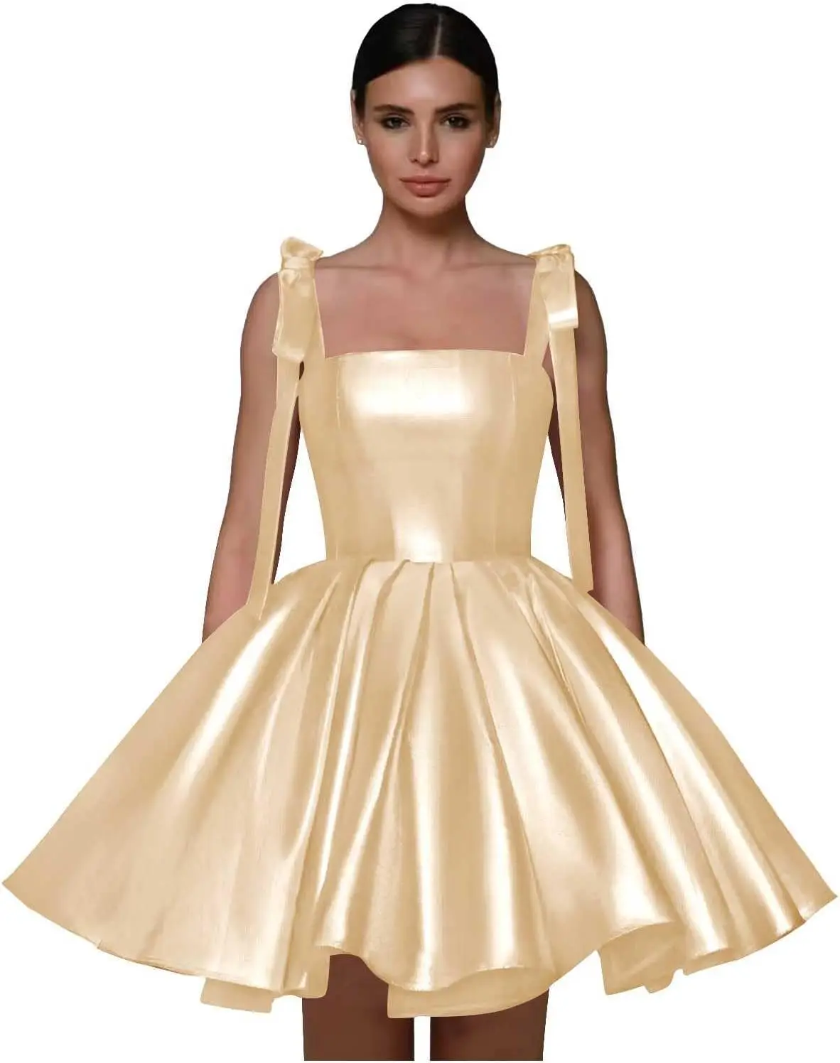 

Teen Homecoming Dress Satin Short A-line Square Neck Mini Skirt Bow Strap Fluffy Evening Dress, Women's Formal Dress with Pocket