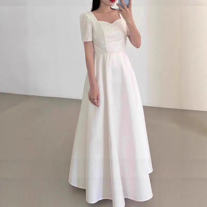 Vestido de casamento leve com lantejoulas de cetim, mangas curtas simples, certificado de noivado, vestido de noite personalizado