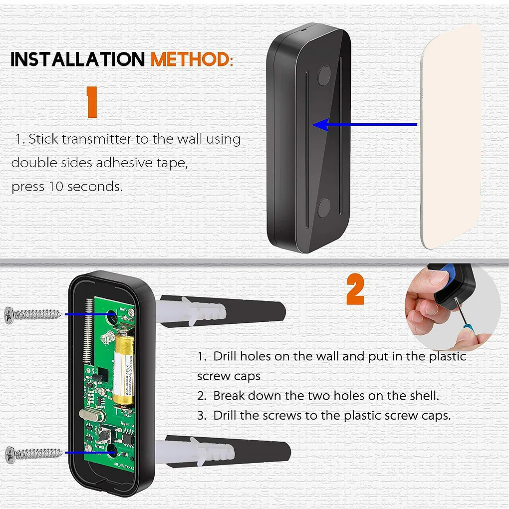 طقم جرس باب لاسلكي LED خارجي مقاوم للماء 55 جرس باب رنين 5 مستويات حجم استقبال للمنزل