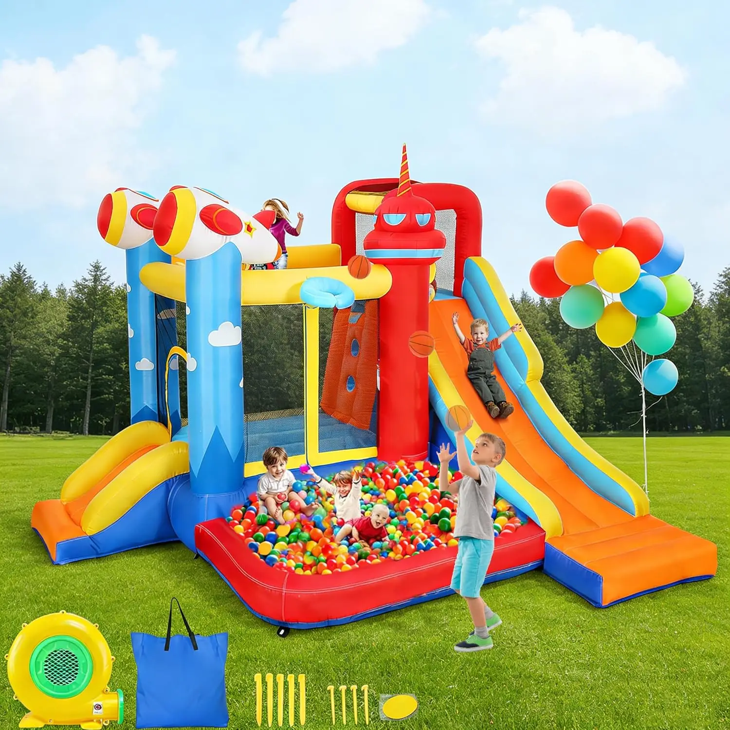 Inflatable Bounce House Water Slide, 7-in-1 Bouncy Castle Combo Water Pool & Bouncing Area & Slides & Basketball, Customized