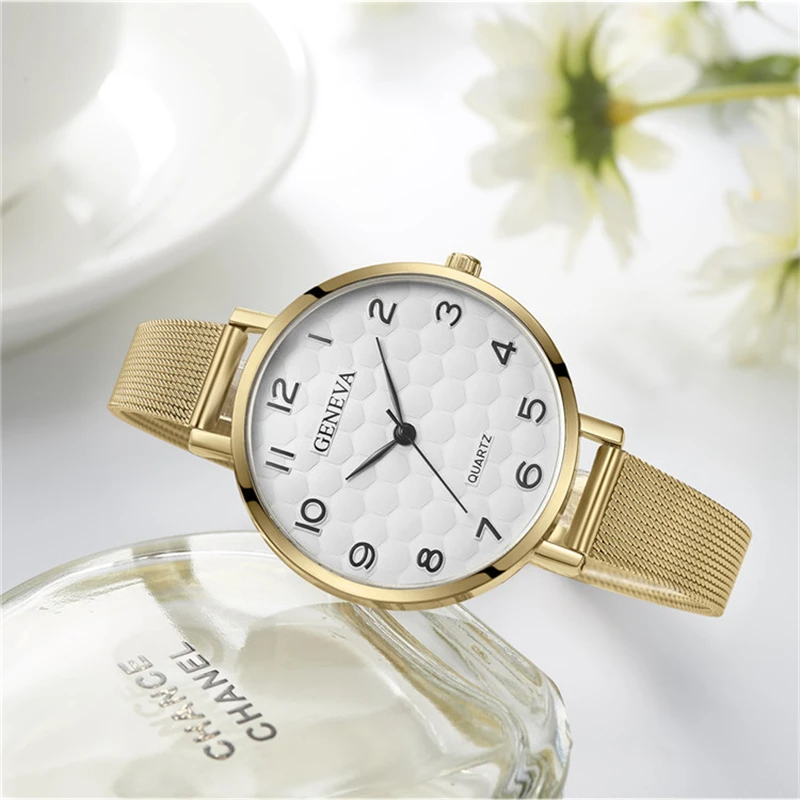 GENEVA Women Quartz Watches Fashion Luxury Rose Gold Metal Mesh Belt Watch Casual Ladies Wristwatch With Box relogio feminino