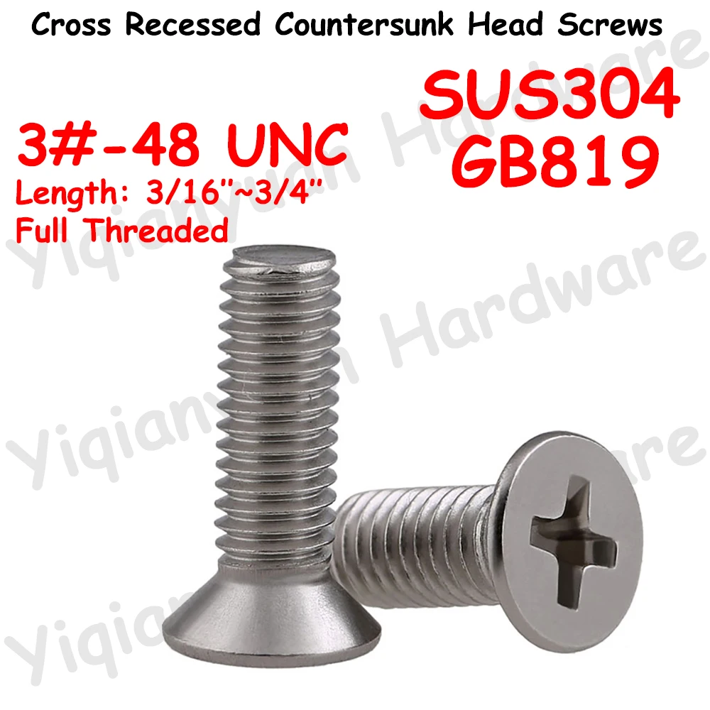 Yiqianyuan GB819 3#-48 UNC Thread SUS304 Stainless Steel Cross Recessed Countersunk Head Phillips Screws Precision Machine Bolts