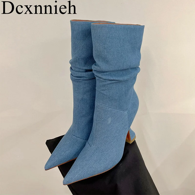 

Women Pointed Toe Cup High Heel Chelsea Boots Denim Cloth Pleated Design Mid Calf Boots Autumn Winter T-stage Show Morden Boots