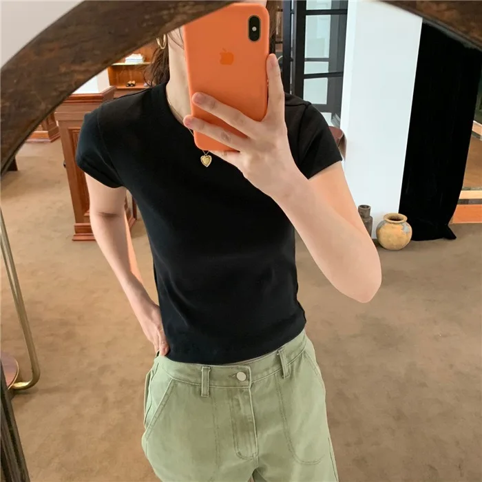 

Базовая однотонная круглая футболка с вышивкой Ne Slim Fit ort Sve One Pear Thebarnnet, лето 2023, корейская футболка Ve...