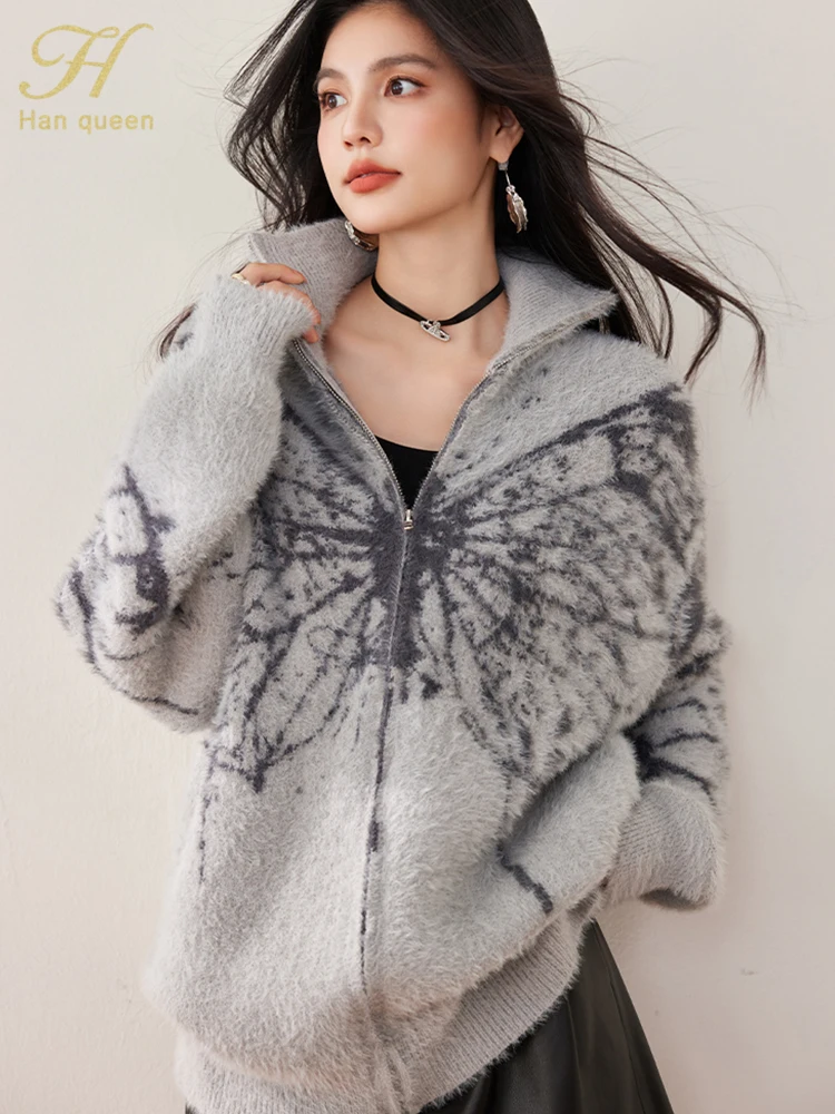 H Han Queen 2024 Winner Elegant Colorblocked Knitwear Womens Cardigan Simple Vintage Sweater Women Korean Loose Lazy Outerwears