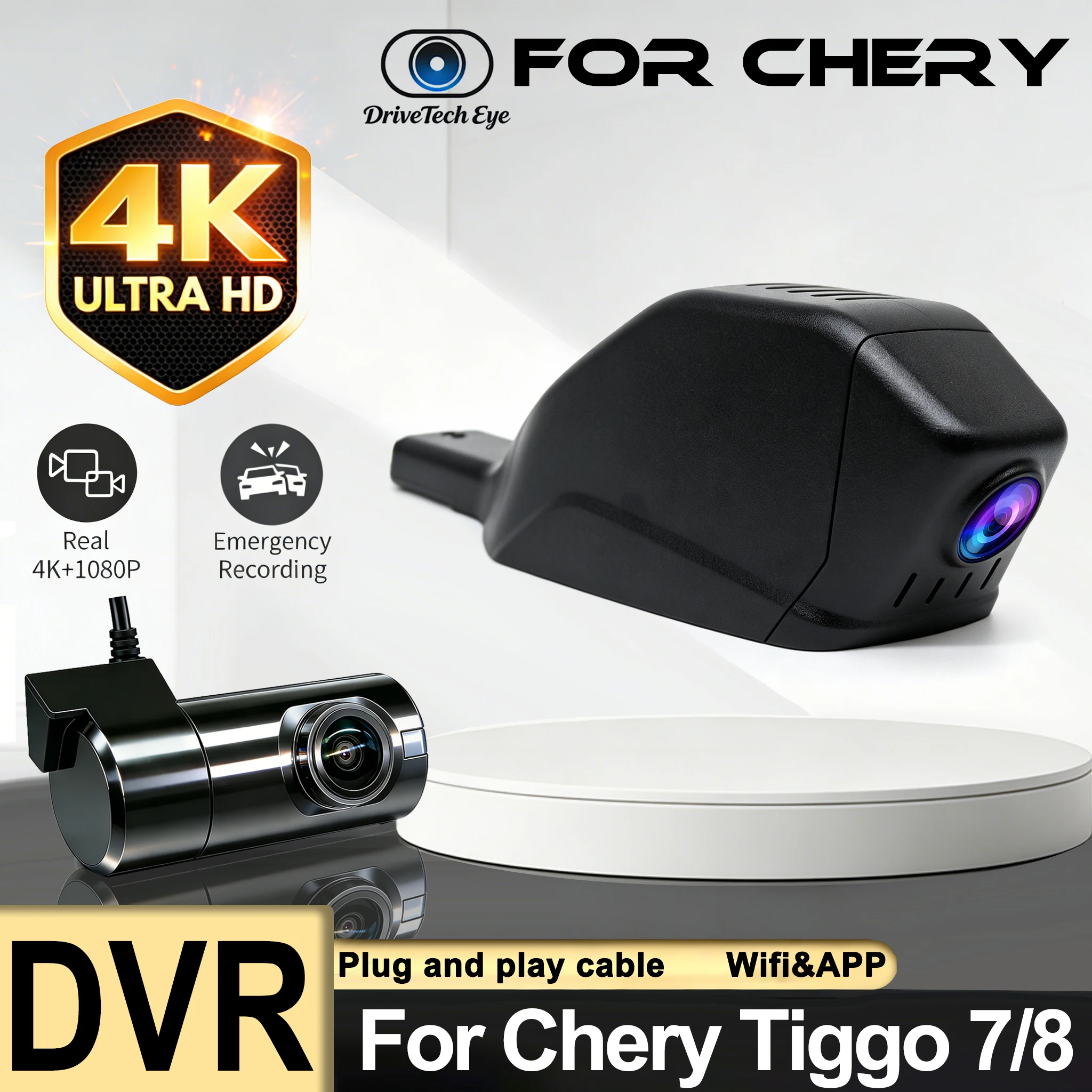 4K HD 2160P Car DVR Video Recorder Dual Lens Dash Cam For Chery Tiggo 4 Tiggo 7 Pro Tiggo 8 App, Plug and Play WIFi DashCam
