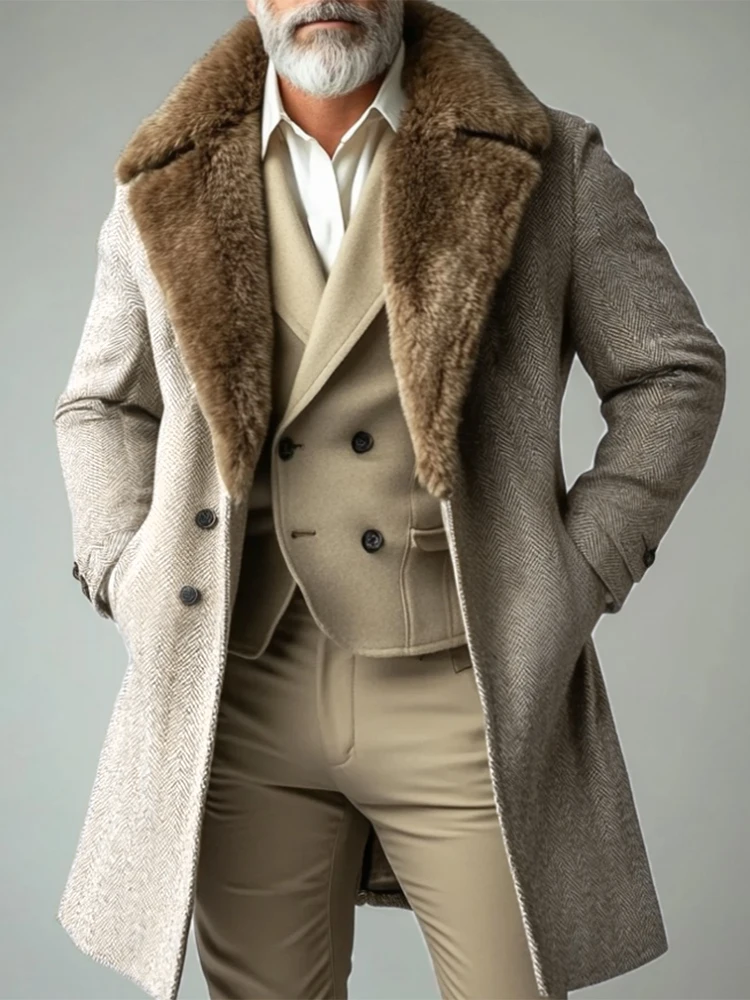 Herren Eleganter britischer Gentleman-Mantel mit Plüschkragen, einreihiges Revers, Herbst-Winter, warm halten, Taschen, Business-Jackenmäntel