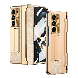 For Samsung Galaxy Z Fold 7 6 5 4 Z Fold 3 5G Case with Screen Protector Luxury Frosting One-Piece Plating Stand Cover Gold