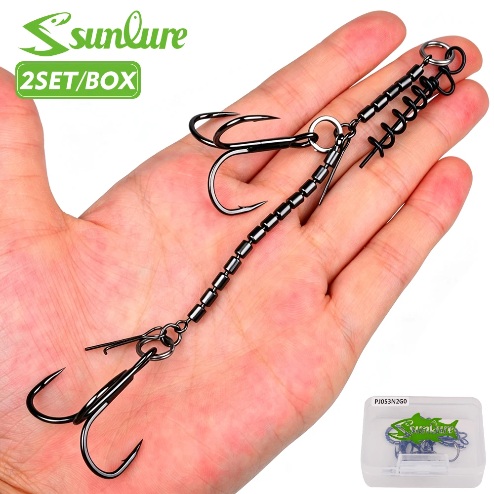 Sunlure 2Set/Box Soft Bait Fishing Rig Assembly Multi‑Barrel Swivel Chain Treble Hook Worm Bait Keeper Bass Fishing Tackle Pesca