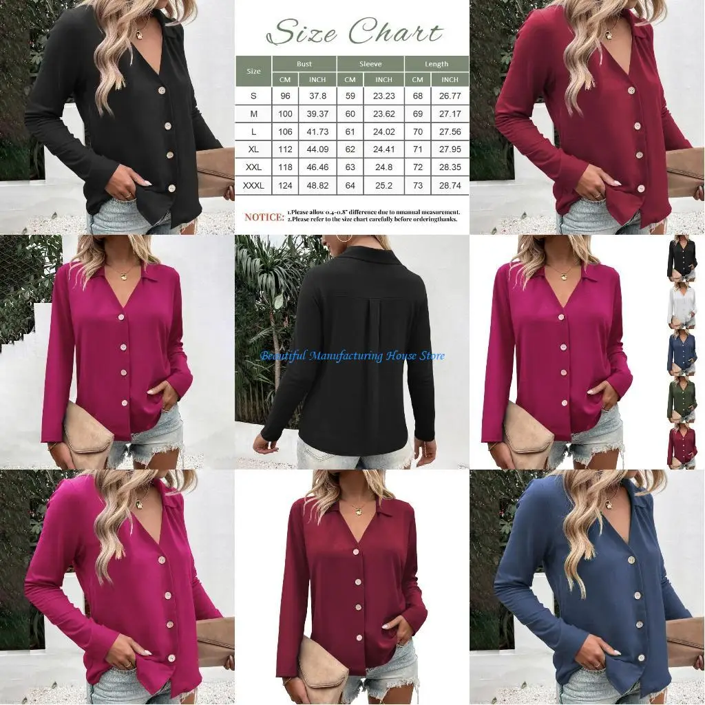 

E56A Women Button Shirts Long Sleeve Solid Color Office V Neck Casual Business Blouses Tops