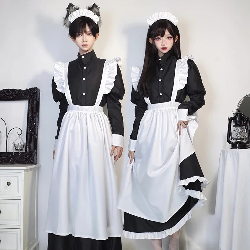 Men Coffee Maid Sissy Costumes Halloween Anime Cosplay Party Black Long Dress Sweet Lolita Animation Show COS Apron Maids Outfit