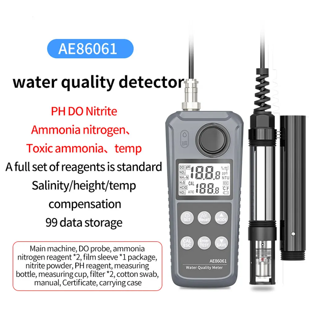 Water Quality Tester Meter Detector AE86061 Dissolved Oxygen Temperature PH Nitrite Ammonia Nitrogen Measure Analyzer