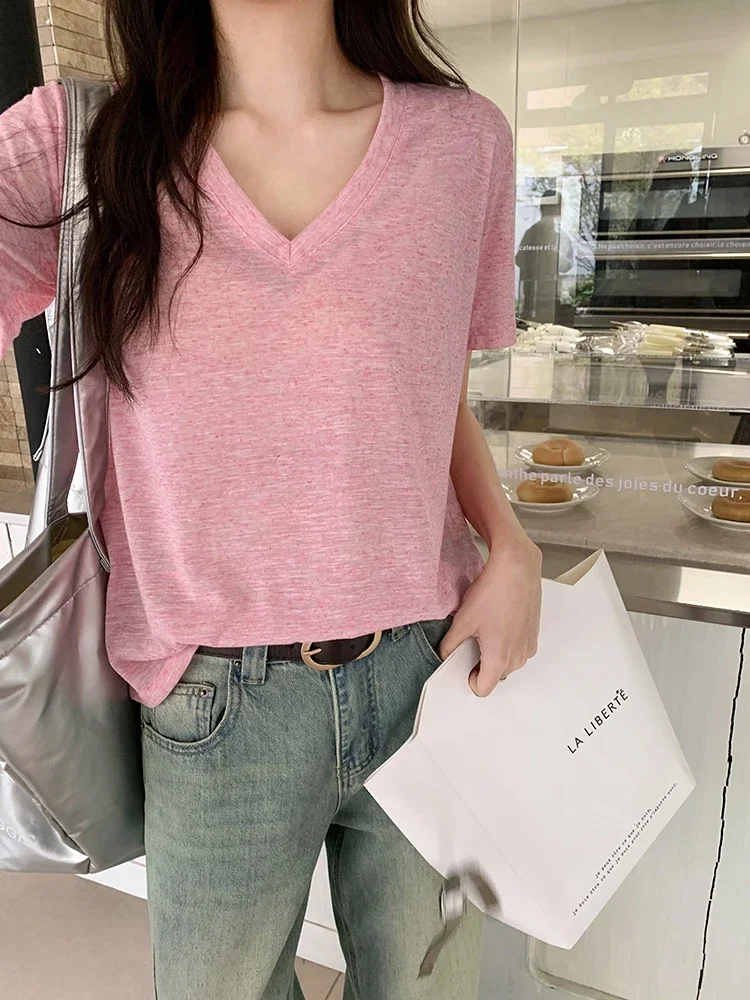 

Basic Simple Office Ladies Summer Sweet Female T-shirts New Classic Pure Color Fashion V-neck Casual Street Loose Women T-shirts