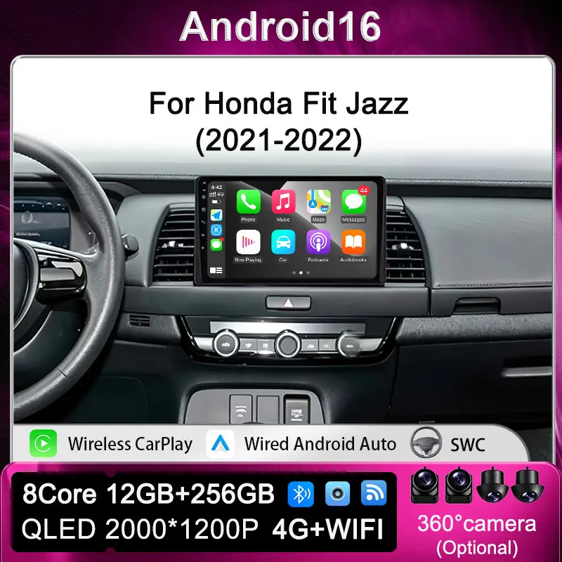 Stereo Head Unit For Honda Fit Jazz 2021-2022 Wireless CarPlay Autoradio Android Auto Radio Touch 2K Screen Bluetooth 4G Wifi
