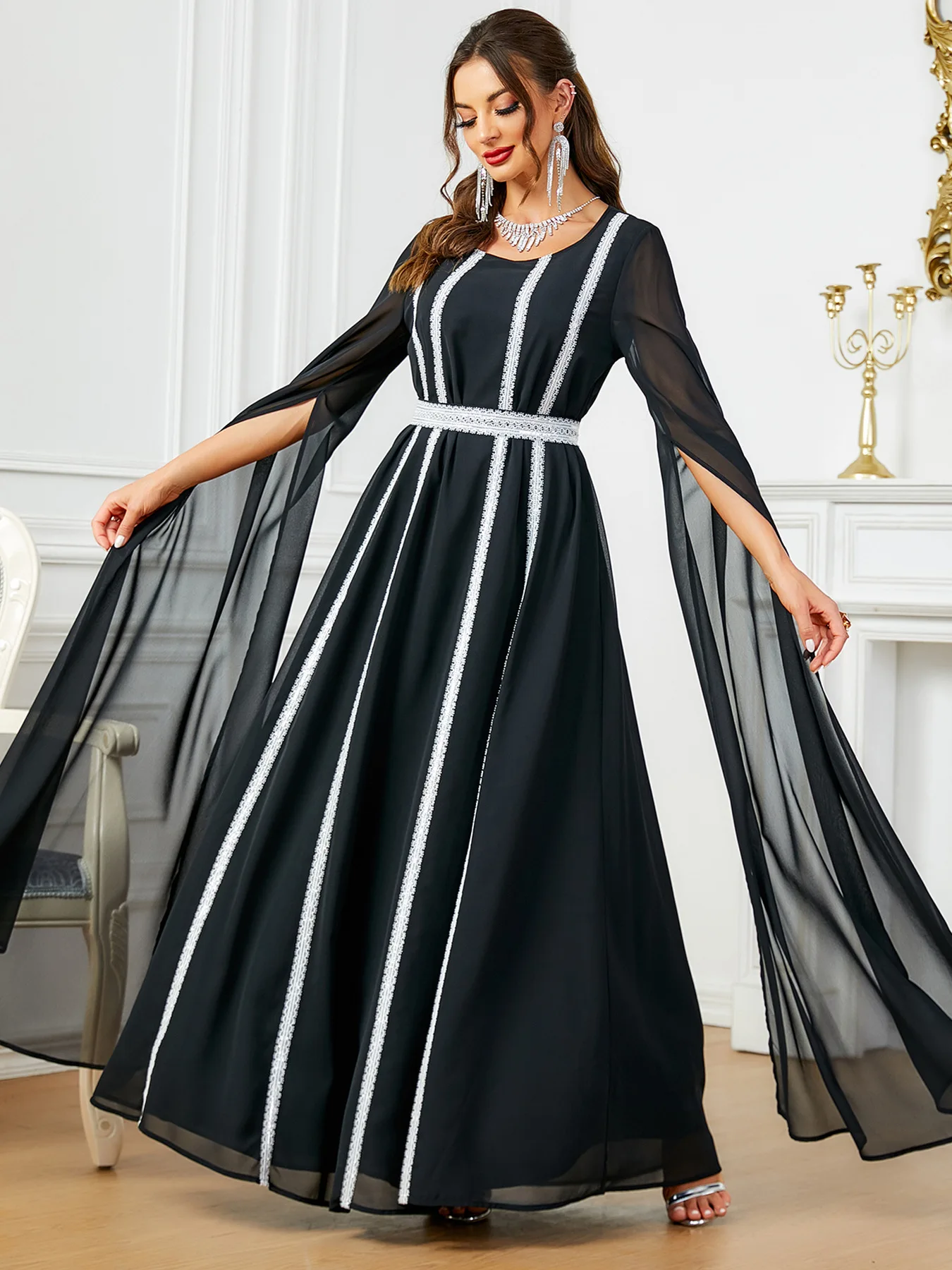 

Dubai Fashion Elegant Super Long Sleeve Black Long Dresses Solid Color Belted Party Abayas Arab Saudi Women Robe Islamic Dress