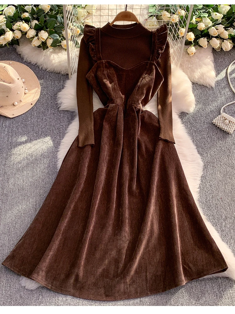 

2025 Autumn/Winter Women's New Retro Strap Dress Set Elegant and Sweet Long Sleeve Bottom Shirt Knitted Two Piece Set S115