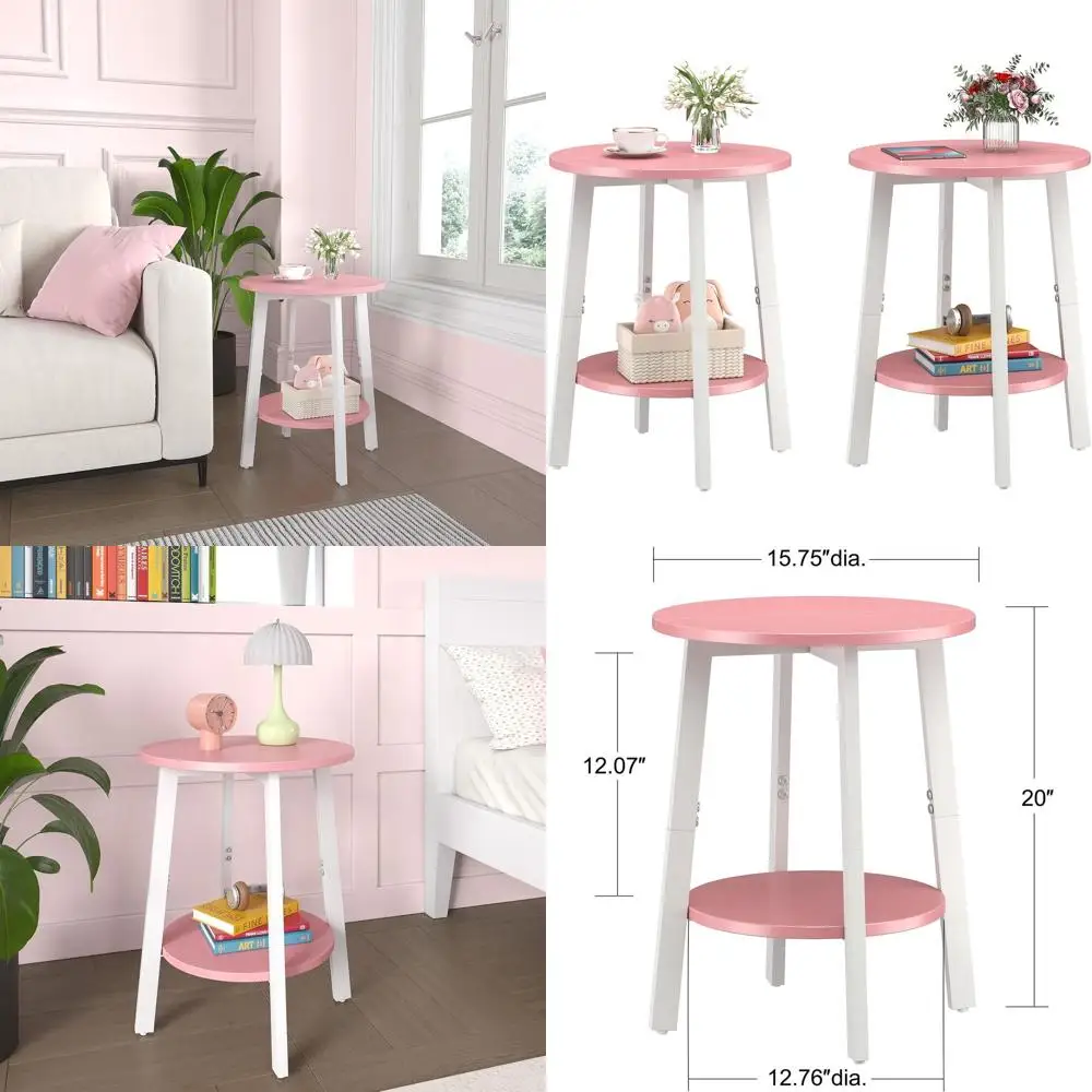 

Pair of Compact Round Side Tables with Storage and 2-Tier Design, Ideal for Living Room, Bedroom, Pink