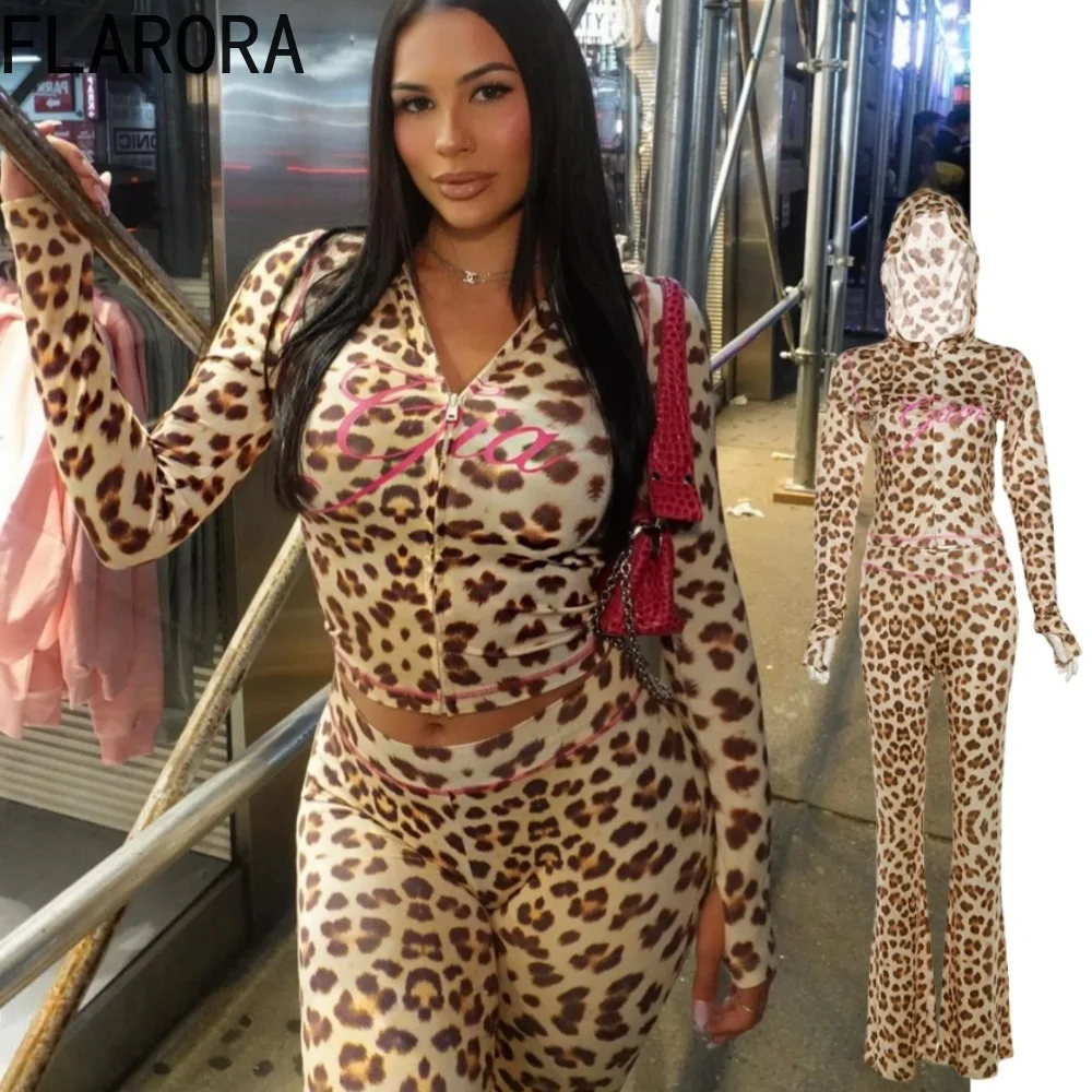 

FLARORA Leopard Print Patchwork 2Pcs Sets Woman Zip Long Sleeve Hooded Crop Jacket And Skinny Flare Pants Outfits Y2k Streetwear