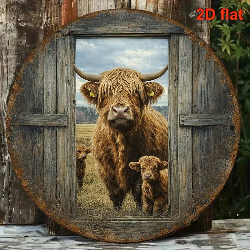 2D Flat, 1pc 8x8in/20x20cm 2D Flat Round Sign, Vintage Highland Cow Plaque, Cow and Calf Farm Decor Sign, Suitable for Rustic Ho