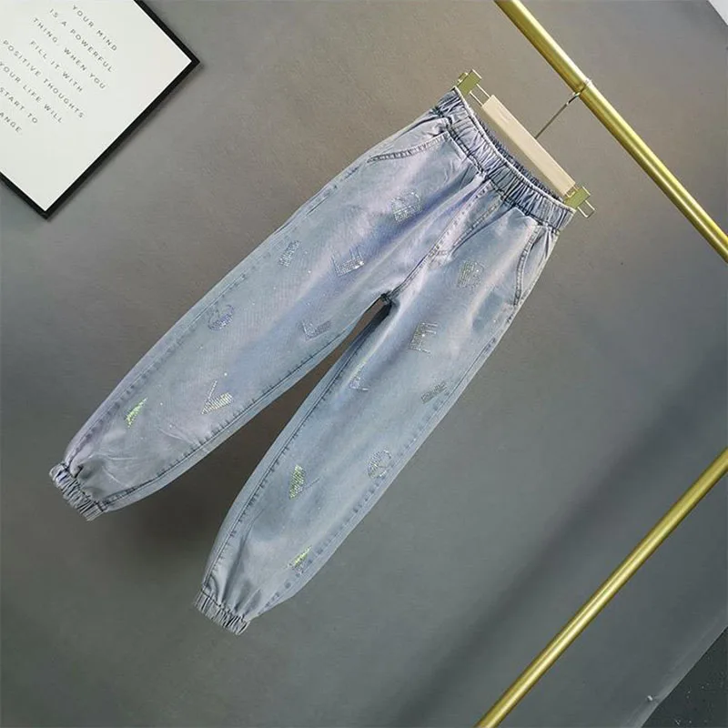 2026年夏新作 ハイウエストジーンズ ゆったりとした伸縮性ウエスト ホットプレスダイヤモンドパンツ レディースカジュアルデニムトラウザーズ