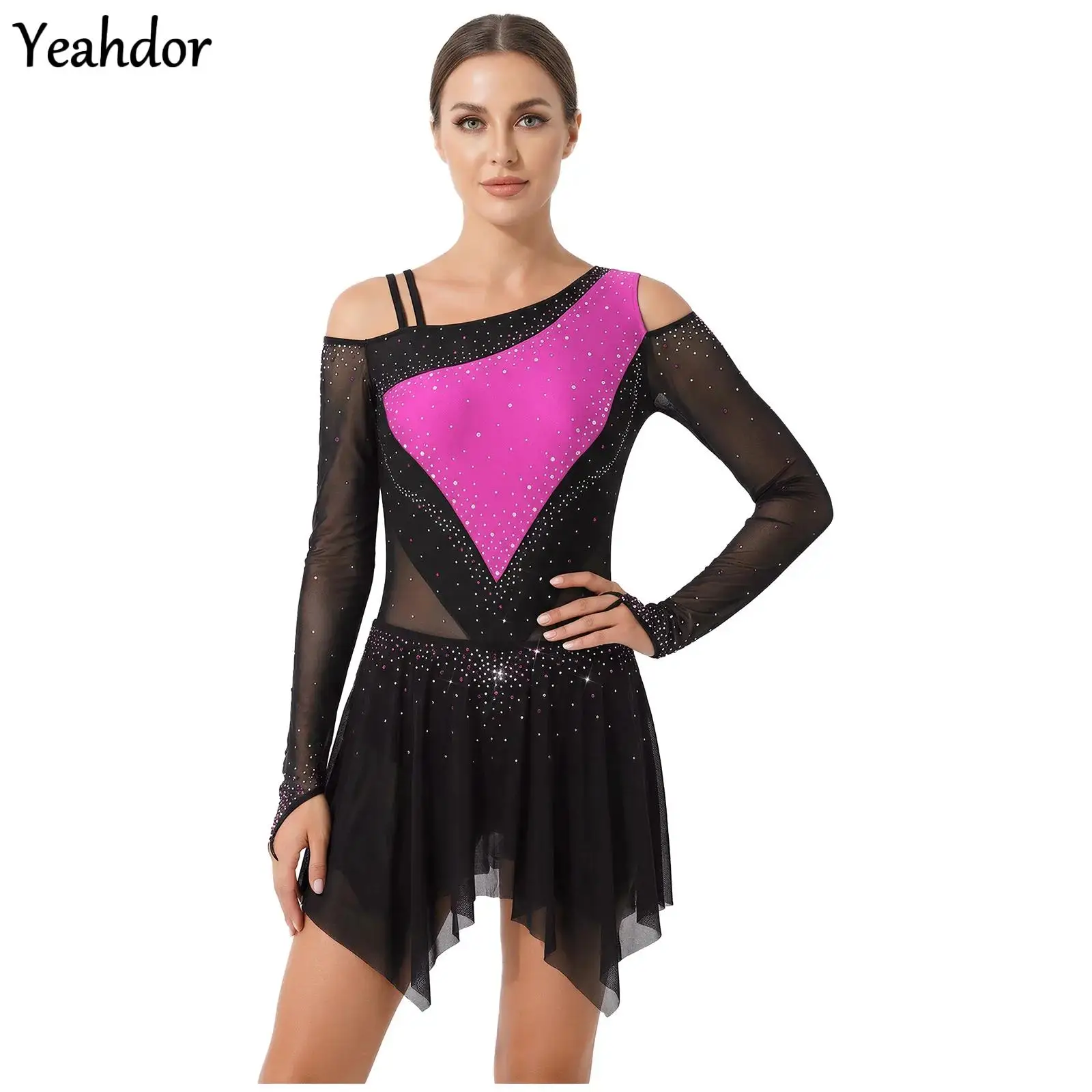

Womens Figure Skating Dress Rhinestone Ballet Jersey Leotards Asymmetrical Shoulder Long Sleeve Tiered Mesh Dance Bodysuit Dress