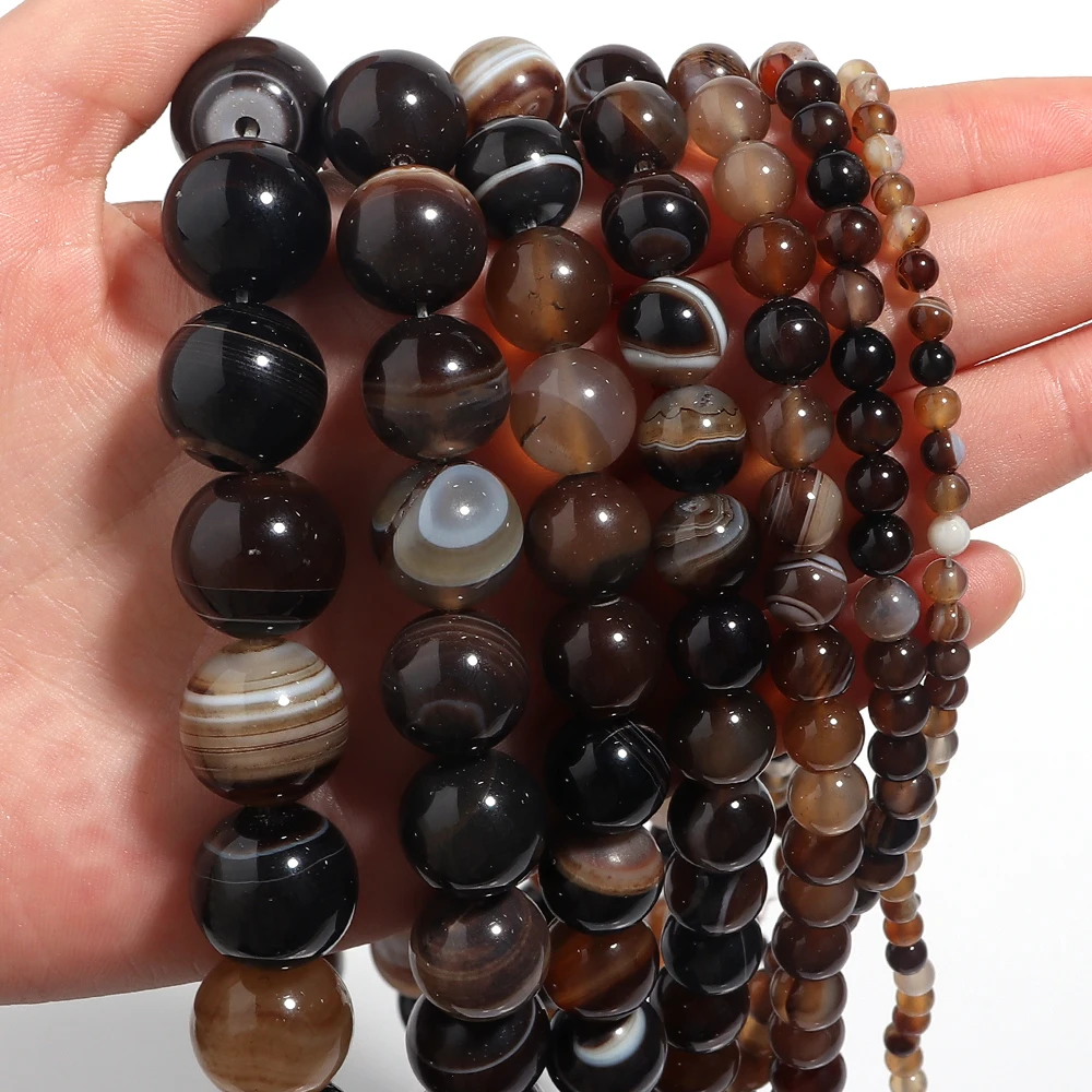 1 Strand Natural Stone Dark Brown StripeAgate Beads Round Loose Beads 4/6/8/10/12/14/16mm  For Jewelry Making DIY Charm Bracelet