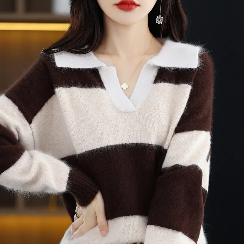 WinvyNee Women Mink Cashmere Sweater Polo Collar Casual Outerwears Loose Striped Knitted Pullover Tops Oversized Winter A1248016