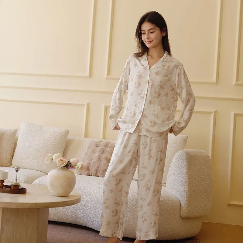 

2025 женский атласный красивый пижамный комплект с лацканами и принтом виноградной лозы, брюки с длинными рукавами, вискозная одежда для дома, элегантная домашняя одежда, 2 предмета