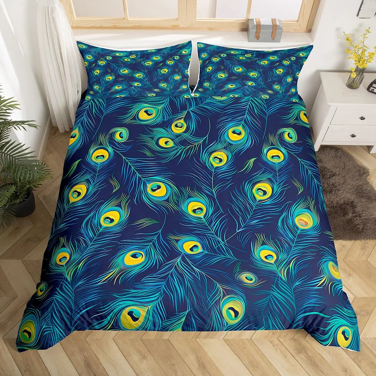 Peacock Feather Print Duvet Cover Set Queen Peacock Skin Texture Bedding Set Wild Animals Comforter Cover Noble Teal Quilt Cover