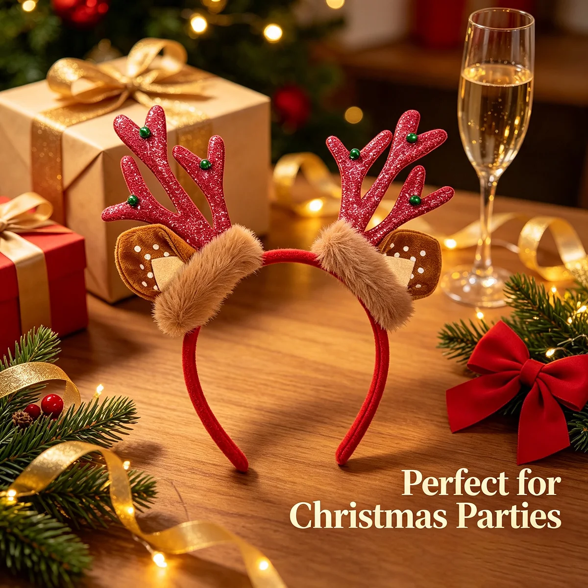 赤いグリッタートナカイの角のヘッドバンド、ぬいぐるみの鹿の耳 - Reindeer Antlers Headband のレビューと価格
