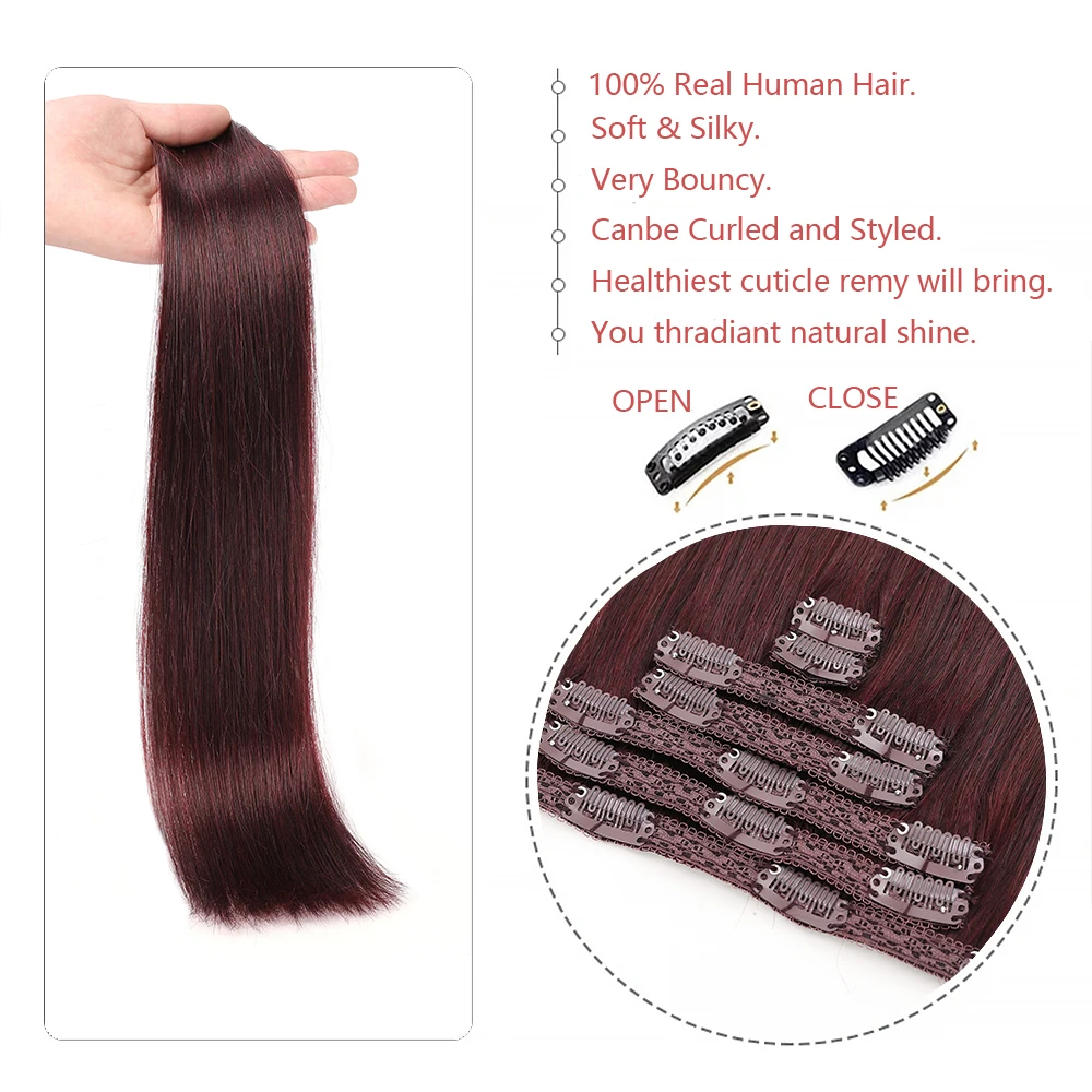 Clip In Hair Extensions Burgundy 100% Real Remy Hair Straight Clip-On HairPiece Clip In Human Hair Extensions For Women18 Inch