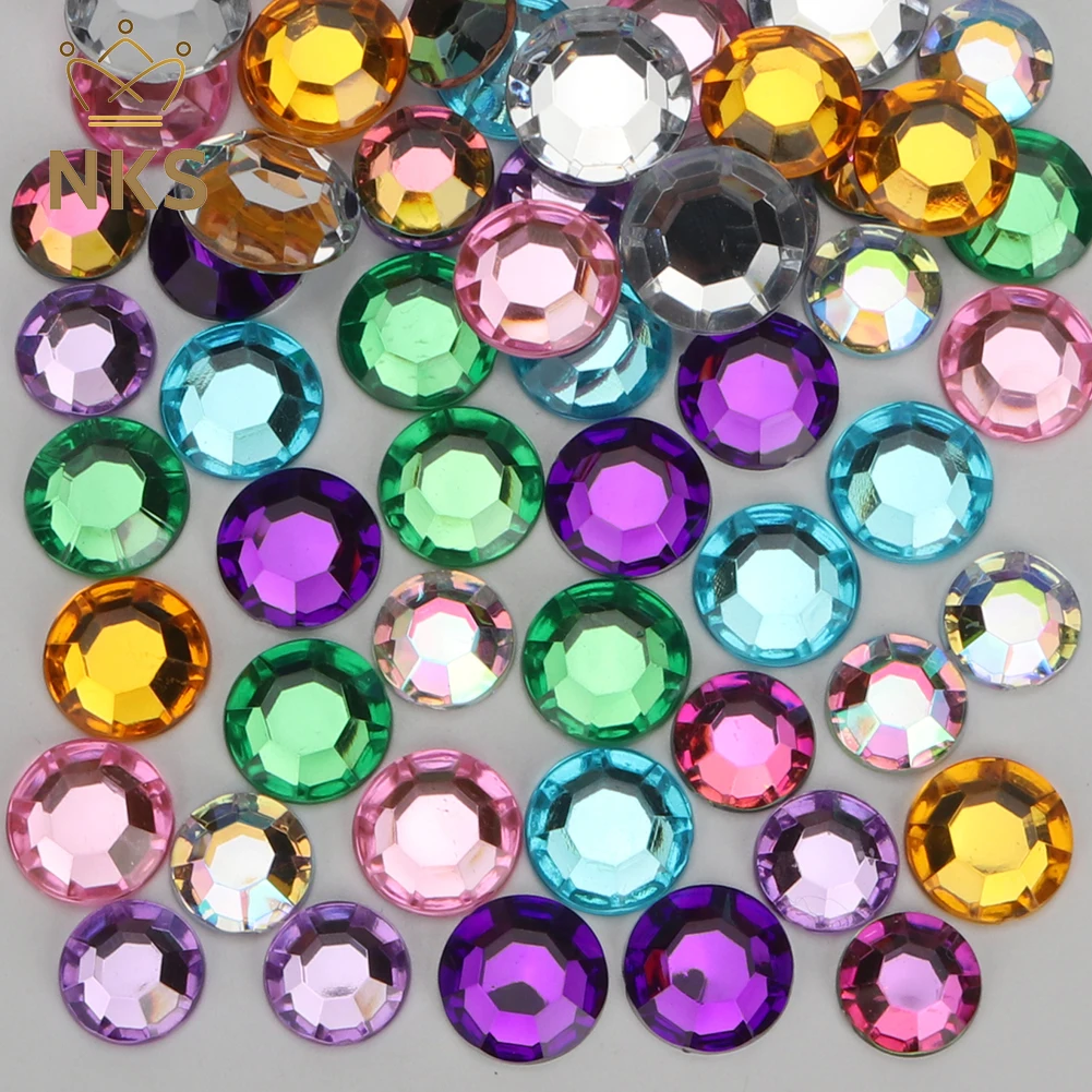 NKS красочные высококачественные круглые клейкие стразы с плоской спинкой на хрустале, акриловые стразы без горячей фиксации для одежды, поделок