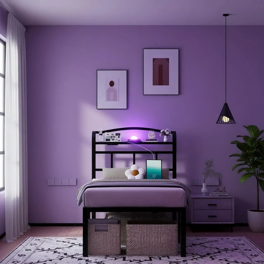 

18 Inch Twin Size Black Metal Bed with Starry Sky Projector, Mattress Platform and Charging Station