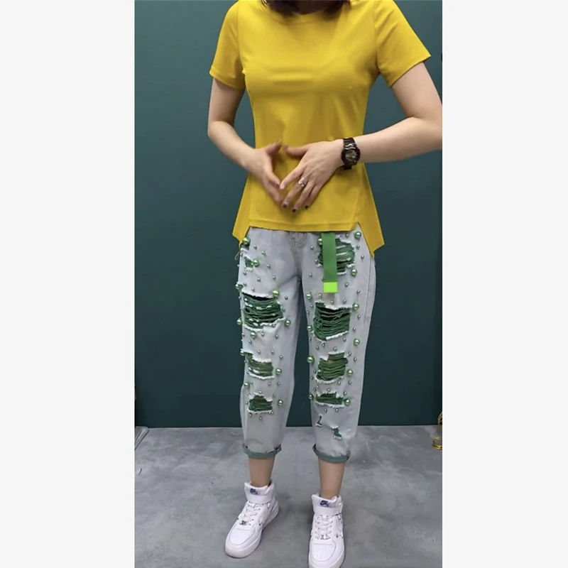 Solto een denim jeans feminino verão fino em linha reta calças de perna larga cintura alta nove pontos harlan pobre solto ajuste jeans