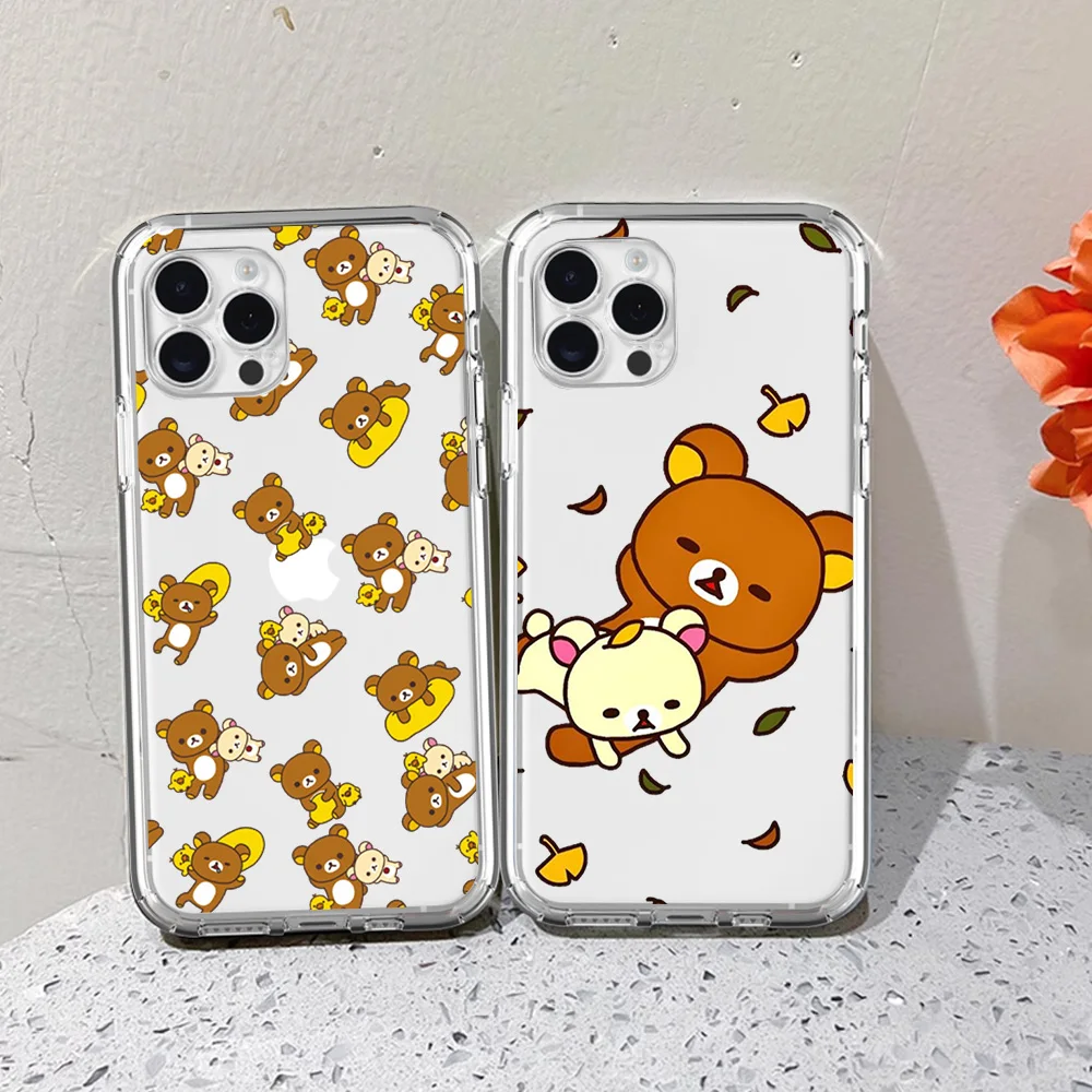 Cute R-Rilakkumas Bear For iPhone 16 15 13 14 12 11 Pro Plus MAX XS iPhone13 14 Mini Transparent Phone Case