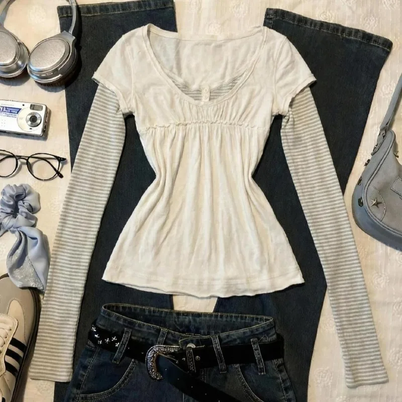 

Korean Stripe Patchwork Casual Fake Two T-shirts American Retro Slim Tshirt Women Y2K Harajuku Tees Street Hottie Chic Tops