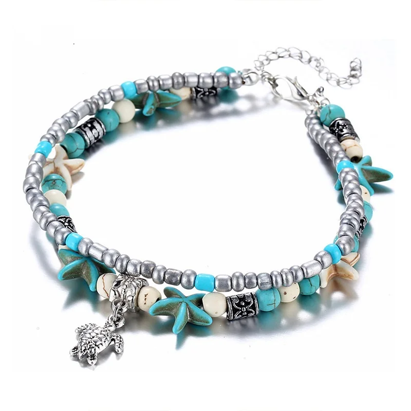 Simple Personality Double Heart Layered Anklet Bohemian Summer Beach Foot Leg Chain Ankle Bracelets for Ladies