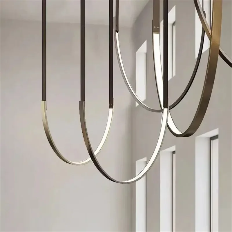Nordic U-shaped LED long leather pendant light hallway living room dining table villa staircase pendant light