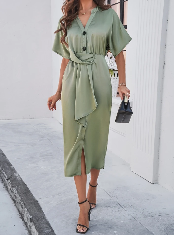 

Women's Dress 2024 Summer Elegant Commuting Casual Solid Color V-neck Button Short Sleeve High Waist Draped Design Midi Dress