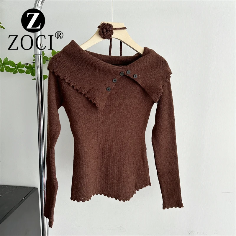 [ZOCI] Gentle Temperament, One Shoulder Knitted Sweater Irregular Sweater, Autumn Style, Slim Fit, Long Sleeved Top,