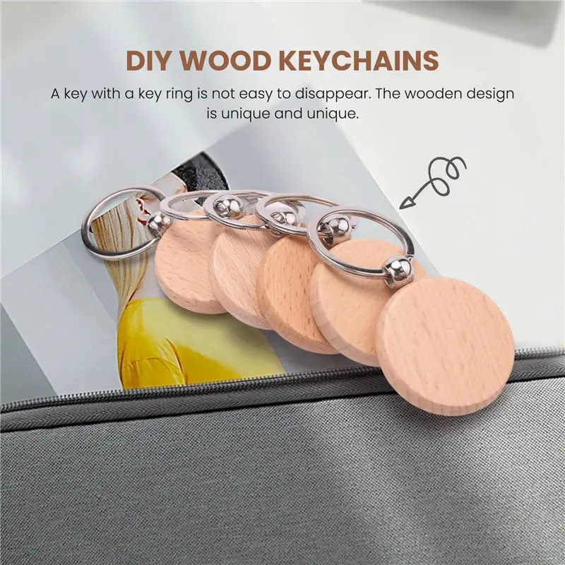 【ABFS】100Pcs Blank Round Wooden Key Chain Diy Wood Keychains Key Tags Can Engrave Diy Gifts