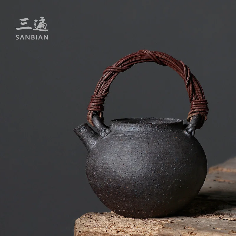 Three Time High Yue Vine Weaving Beam Teapot, Handmade Rough Pottery Tea Set, Single Pot, Iron Body, Home Use, Kung Fu