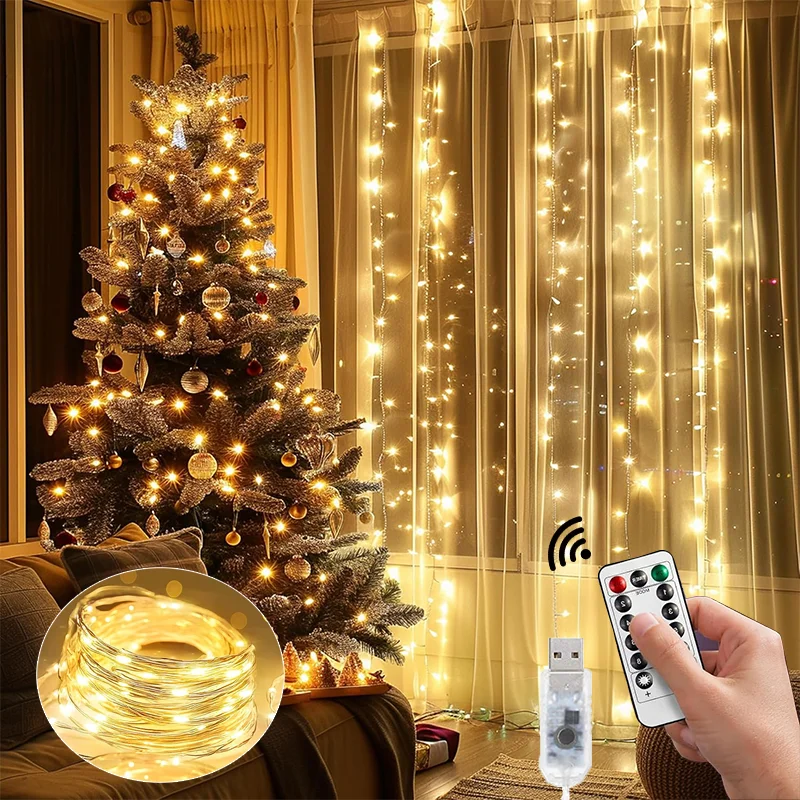 LED USB Fairy Curtain String Lights 8 Modes For Christmas Gift Birthday Wedding Home Bedroom Ramadan Party Festival Decoration